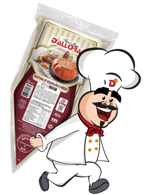 imagem do mascote da Dallora, Don Pietro, ao lado do produto Dallora Forno & Fogão Requeijão
