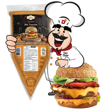 imagem do mascote da Dallora, Don Pietro, ao lado do produto Dallora Cheddar Profissional