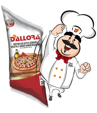 imagem do mascote da Dallora, Don Pietro, ao lado do produto Dallora sabor requeijão cremoso