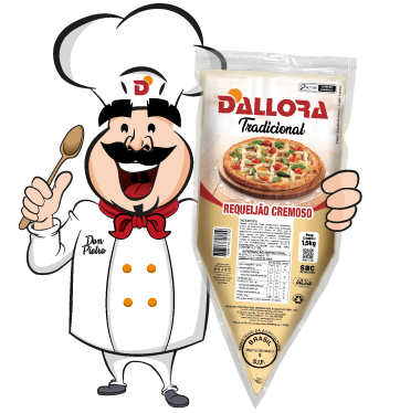 imagem do mascote da Dallora, Don Pietro, ao lado do produto Dallora Requeijão Tradicional