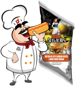 imagem do mascote da Dallora, Don Pietro, ao lado do produto Amarilis sabor cheddar cremoso.