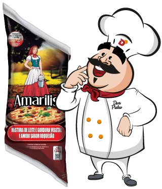 imagem do mascote da Dallora, Don Pietro, ao lado do produto Amarilis sabor requeijão cremoso.