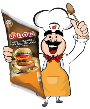 imagem do mascote da Dallora, Don Pietro, ao lado do produto Dallora sabor cheddar cremoso