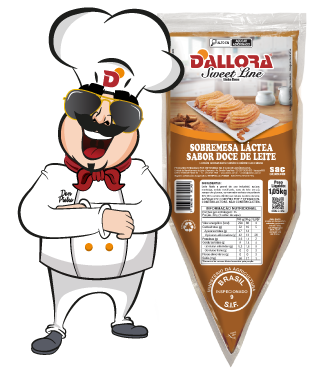 imagem do mascote da Dallora, Don Pietro, ao lado do produto Dallora Sweet Line sabor Doce de Leite