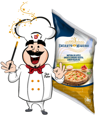 imagem do mascote da Dallora, Don Pietro, ao lado do produto Encanto Mineiro sabor requeijão cremoso em bisnaga.