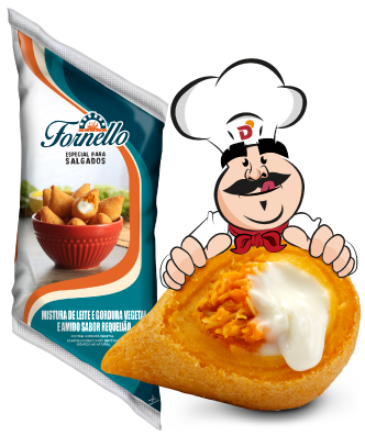 imagem do mascote da Dallora, Don Pietro, ao lado do produto Fornello sabor requeijão cremoso, especial para salgados.