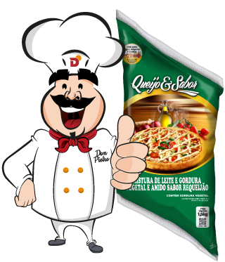 imagem do mascote da Dallora, Don Pietro, ao lado do produto Queijo & sabor, requeijão cremoso em bisnaga.