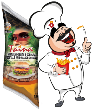 imagem do mascote da Dallora, Don Pietro, ao lado do produto Taina sabor cheddar cremoso.