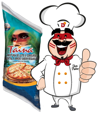 imagem do mascote da Dallora, Don Pietro, ao lado do produto Taina sabor requeijão cremoso.