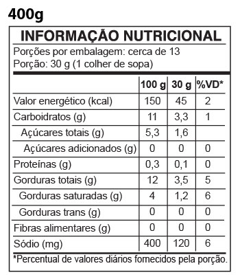 imagem da tabela nutricional do Taina sabor Requeijão 400g