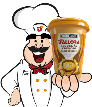 imagem do mascote da Dallora, Don Pietro, segurando um copo de requeijão sabor cheddar.