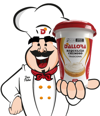 imagem do mascote da Dallora, Don Pietro, segurando um copo de requeijão Tradicional 200g.