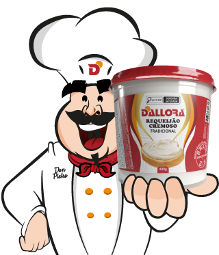imagem do mascote da Dallora, Don Pietro, segurando um copo de requeijão Tradicional 400g.