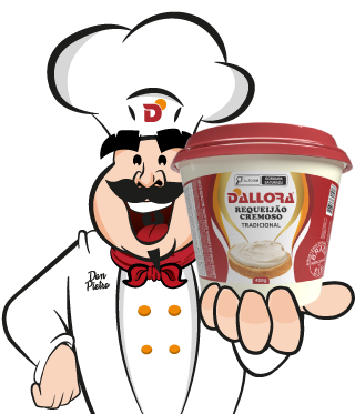 imagem do mascote da Dallora, Don Pietro, segurando um copo de requeijão Tradicional 400g.