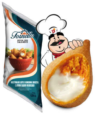 imagem do mascote da Dallora, Don Pietro, ao lado do produto Fornello sabor requeijão cremoso, especial para salgados.