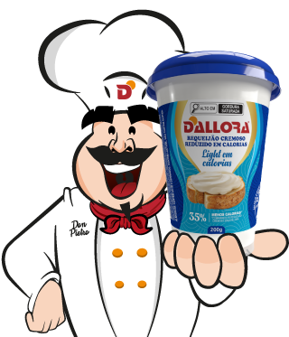 imagem do mascote da Dallora, Don Pietro, segurando um copo de requeijão light.