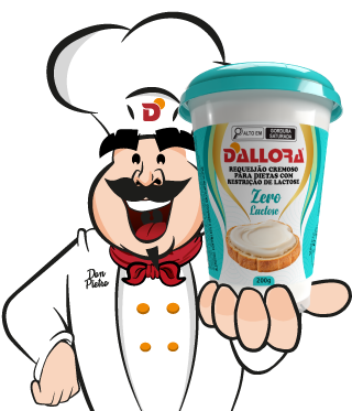 imagem do mascote da Dallora, Don Pietro, segurando um copo de requeijão zero lactose.