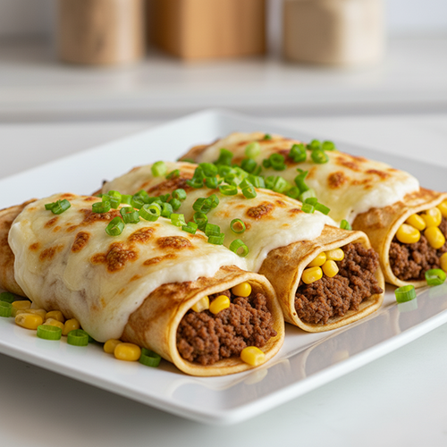 Panquecas recheadas com carne moída e milho, cobertas com requeijão cremoso gratinado Dallora, prontas para servir.