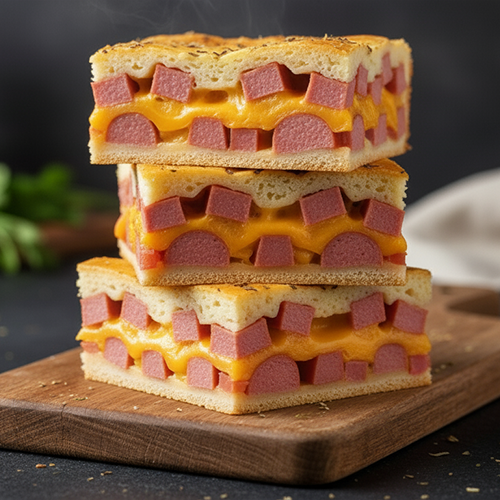 Torta de salsicha com cheddar DALLORA, recheada com salsichas e camadas cremosas de requeijão sabor cheddar.