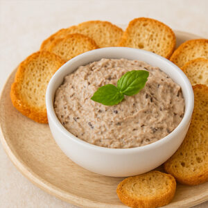 Patê de azeitona com requeijão cremoso DALLORA servido em tigela branca com torradas