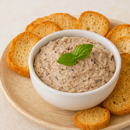 Patê de azeitona com requeijão cremoso DALLORA servido em tigela branca com torradas