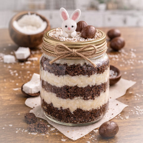 Ovo de Páscoa no pote de vidro com camadas de chocolate e creme de coco.