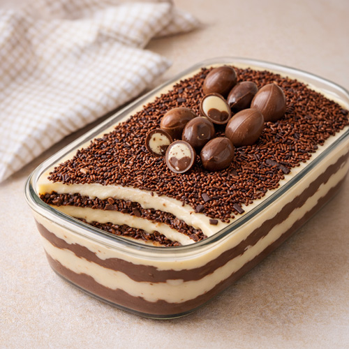 Ovo de Páscoa na travessa com camadas de creme e chocolate DALLORA Sweet Line decorado com ovinhos de chocolate