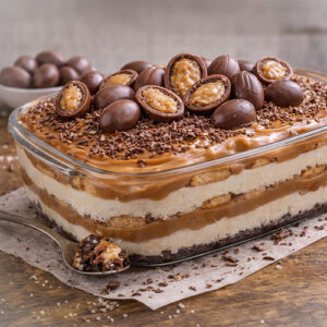 Pavê de Páscoa com doce de leite, creme branco e ovos de chocolate decorando a sobremesa.