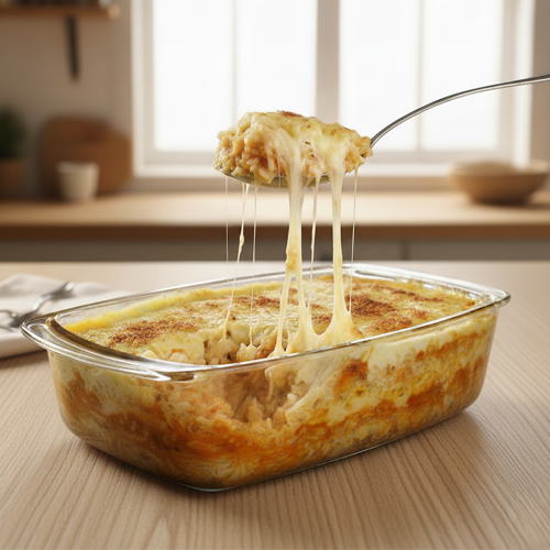 Arroz de forno dourado e cremoso sendo servido com queijo derretido e puxando fios, em um refratário de vidro sobre uma mesa de madeira.
