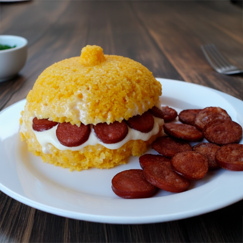 Cuscuz recheado com requeijão cremoso e fatias de calabresa, servido em prato branco.