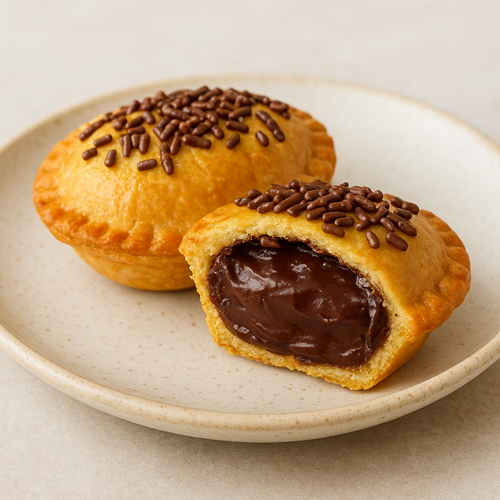 Empadinha de chocolate com massa dourada e recheio cremoso de chocolate.
