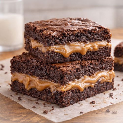 Brownie de chocolate com camada de doce de leite cremoso no meio.
