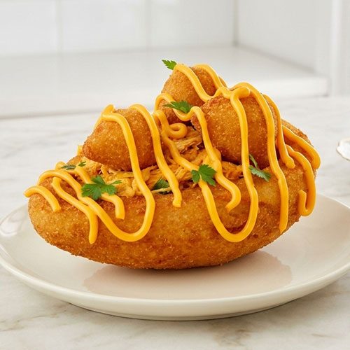 Ovo de Páscoa de coxinha com cobertura de cheddar cremoso e mini coxinhas por cima