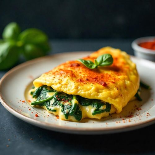 Omelete recheada com espinafre e requeijão cremoso servida em prato branco
