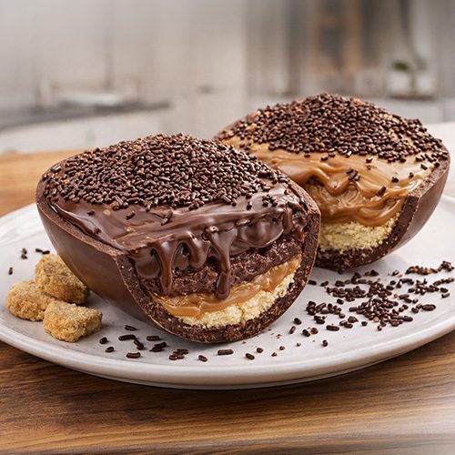 Ovo de Páscoa de colher com camadas de doce de leite, bolo e chocolate.