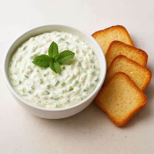 Patê de pepino com requeijão cremoso servido em tigela com torradas