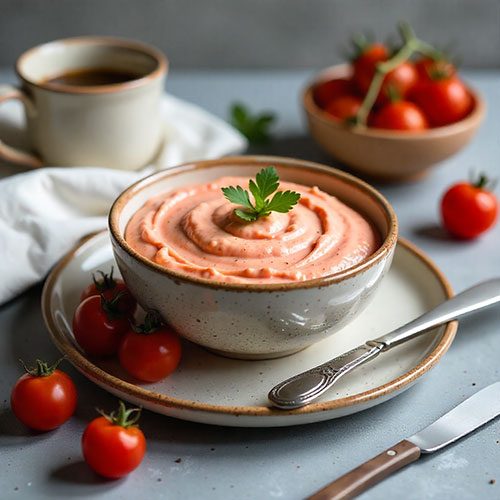 Patê de tomate seco com requeijão cremoso servido em tigela branca com torradas ao lado