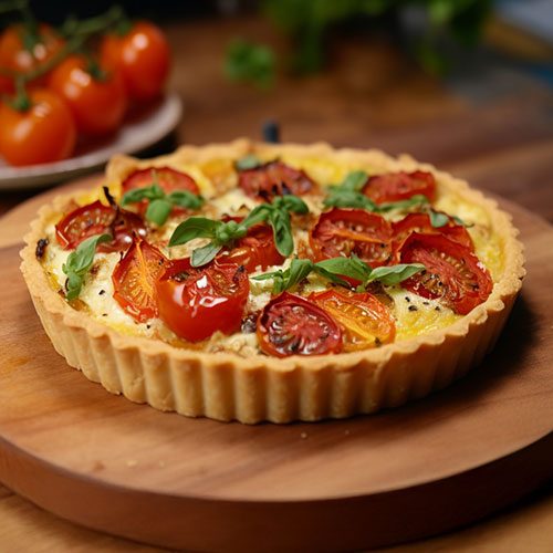 Quiche de tomate seco com requeijão em forma redonda sobre mesa de madeira