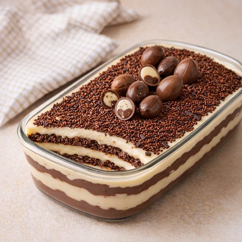 Ovo de Páscoa na travessa com camadas de creme e chocolate DALLORA Sweet Line decorado com ovinhos de chocolate